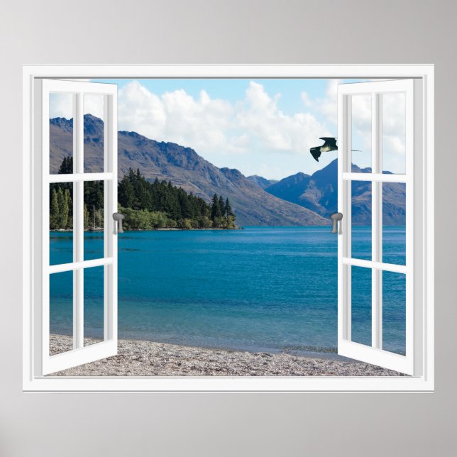 Calm Mountain Lake Artificial Window View Poster (Front)