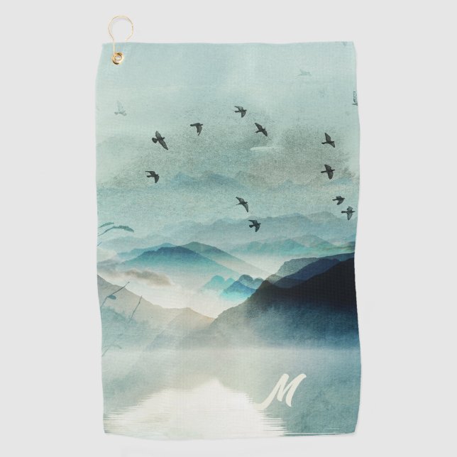 Calm Nature Watercolor Mountain Scene Monogrammed Golf Towel (Front)