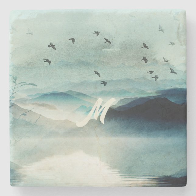 Calm Nature Watercolor Mountain Scene Monogrammed Stone Coaster (Front)