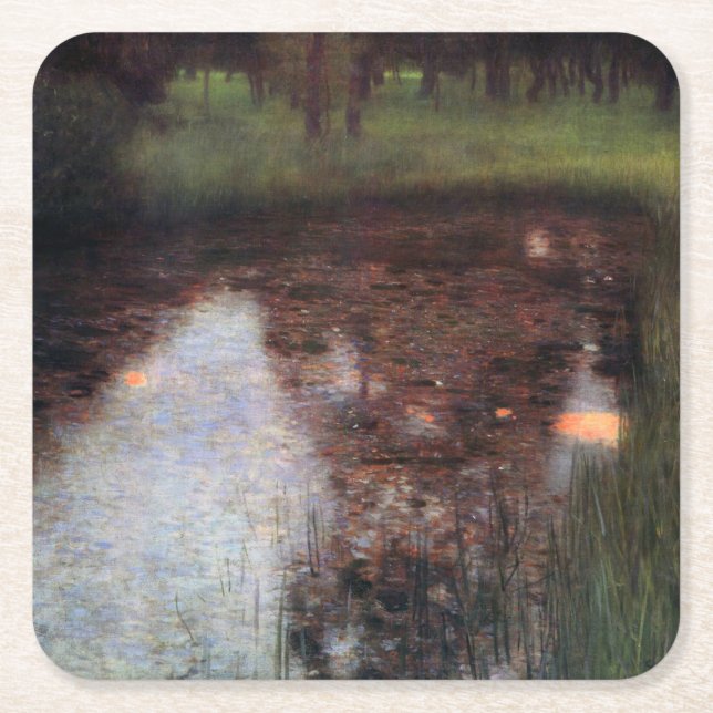 Calm Pond on Kammer Castle Grounds, Gustav Klimt Square Paper Coaster (Front)