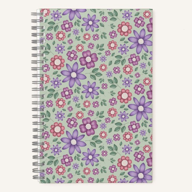 calm sage green whimsical floral pattern notebook (Front)