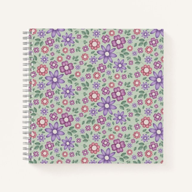 calm sage green whimsical floral pattern notebook (Front)