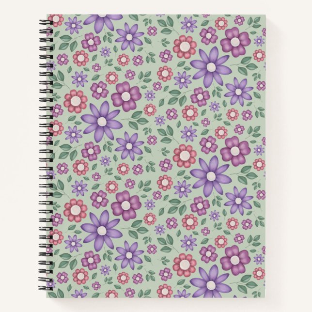 calm sage green whimsical floral pattern notebook (Front)
