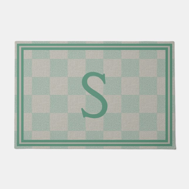 Calm Seafoam Green Grey Plaid Monogram Doormat (Front)