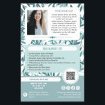 Calm Teal Leaves Wellness Promo Small Business Flyer<br><div class="desc">Teal and white marketing flyers for your small business personalized with your logo, photos, QR code, and custom text with greenery sprigs with simple leaves in soft shades of teal and cool blue. Personalized promo flyers for your small business, perhaps therapy, counseling, wellness, and more. Add photos, address, social media,...</div>