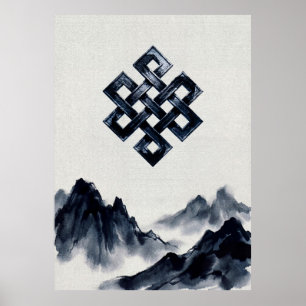 Calm Traditional Ink Wash Mountains Endless Knot Poster