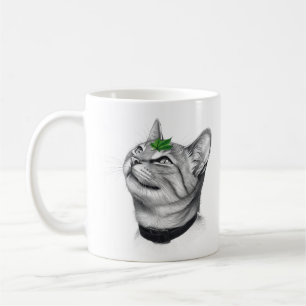 Calm White Minimal Cat Leaf Aesthetic Drawing pfp Coffee Mug