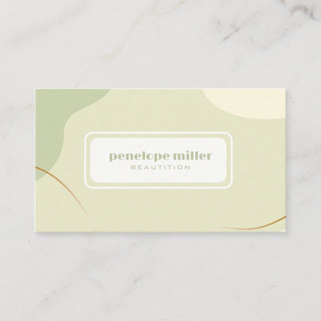 Calming colours of beige and green Beautician Business Card (Front)