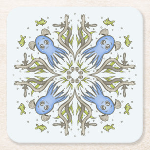 Calming Kawaii Octopus Kaleidoscope - Ocean Dreams Square Paper Coaster