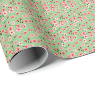 Calming Sage green pink flowers Summer Wrapping Paper