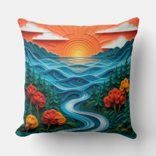 🌅✨ Calming Serene Sunset Paper Art Coastal Glow Throw Pillow