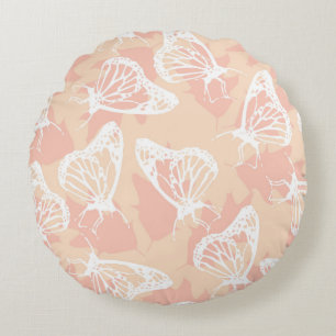 Calming Soothing Peach White Butterfly Pattern Round Pillow