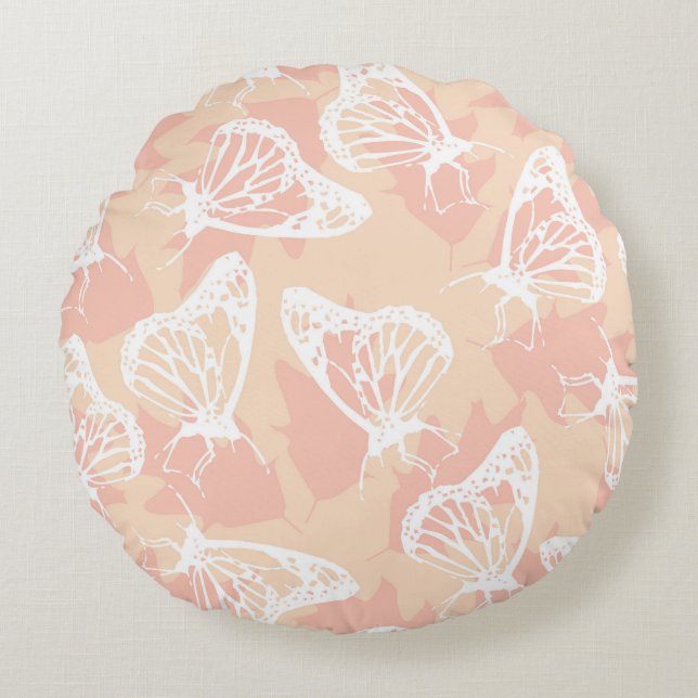 Calming Soothing Peach White Butterfly Pattern Round Pillow (Front)