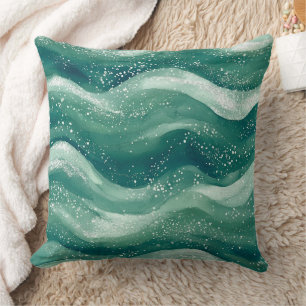 Calming Teal Watercolor Ocean Wave Art Throw Pillow