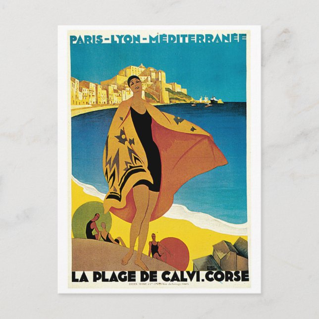 Calvi Beach, France vintage travel poster Postcard (Front)