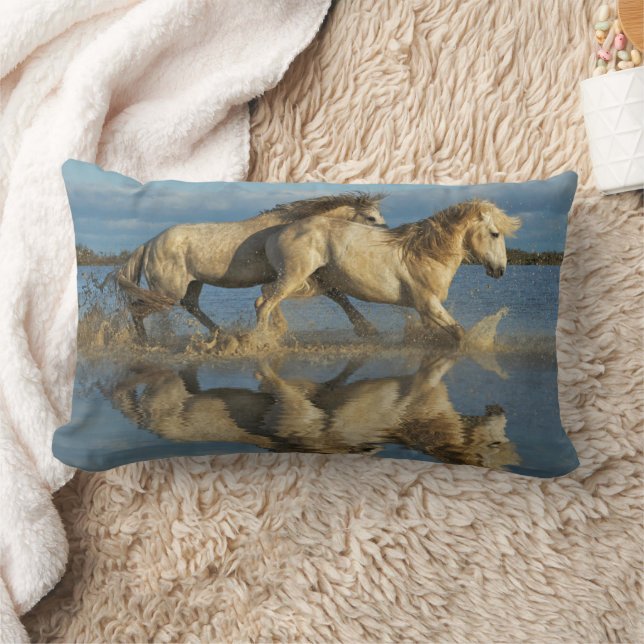 Camargue Horses and Reflection, Southern France Lumbar Pillow (Blanket)