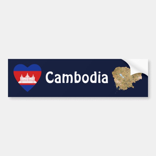 Cambodia Flag Heart + Map Bumper Sticker (Front)