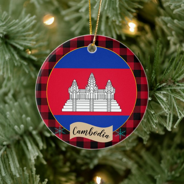 Cambodia, Red buffalo plaid & Cambodian Flag Ceramic Ornament (Tree)