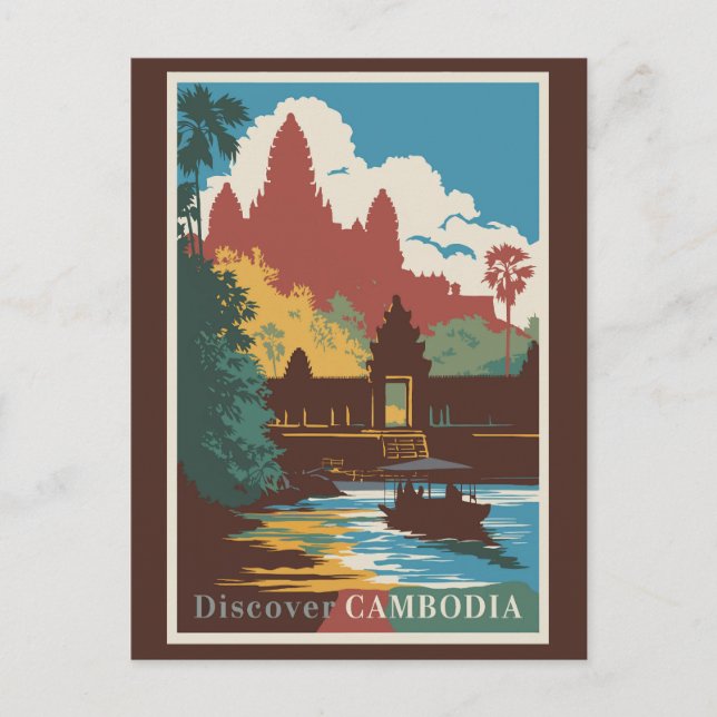 Cambodia Temple Illustration Travel Art Vintage Postcard (Front)