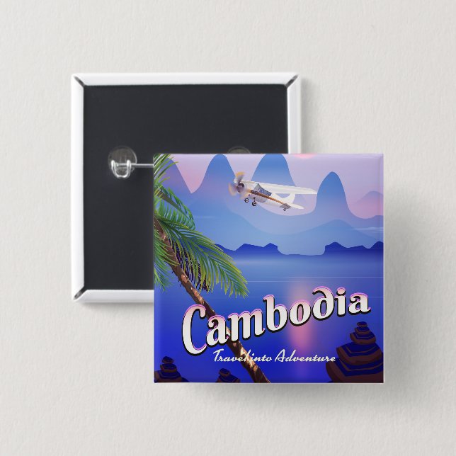 Cambodia 'Travel into Adventure' 2 Inch Square Button (Front & Back)