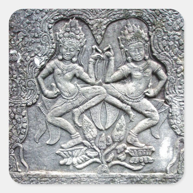 Cambodian dancers stone carving square sticker (Front)