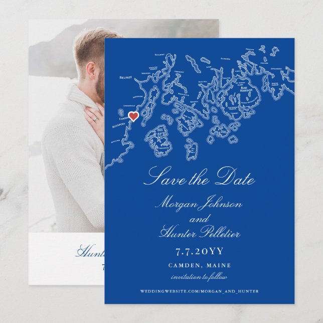 Camden Maine Map Elegant Navy Wedding Save The Date (Front/Back)