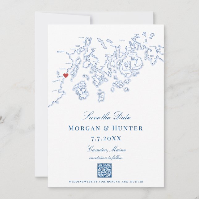 Camden Maine Map Elegant QR code Save The Date (Front)