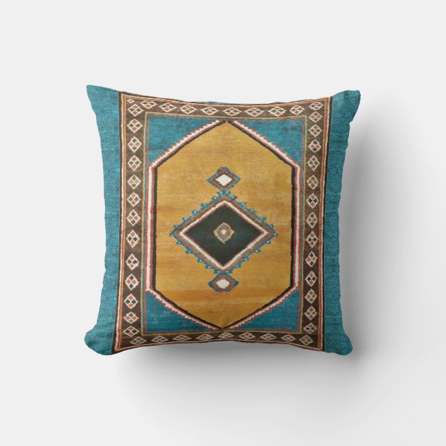 Camel and Turquoise Antique Persian Oriental Rug Throw Pillow (Front)