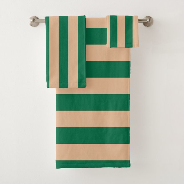 Camel Beige & Classic Green Stripe Bath Towel Set (Insitu)