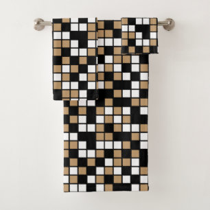 Camel Brown, Black, White Random Mosaic Squares Bath Towel Set