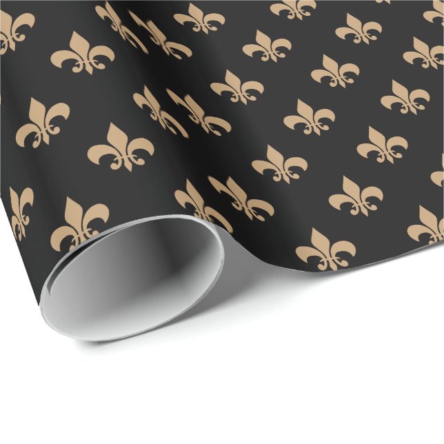 Camel Brown Fleur-de-lis on Black Wrapping Paper (Roll Corner)