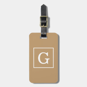 Camel Brown White Framed Initial Monogram Luggage Tag