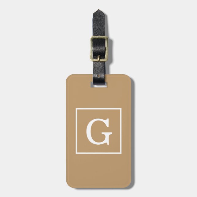 Camel Brown White Framed Initial Monogram Luggage Tag (Front Vertical)