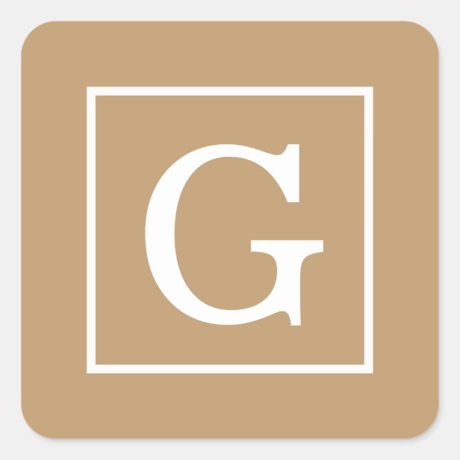 Camel Brown White Framed Initial Monogram Square Sticker (Front)