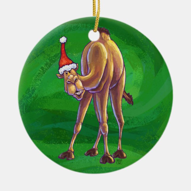 Camel Christmas On Green Ceramic Ornament (Front)