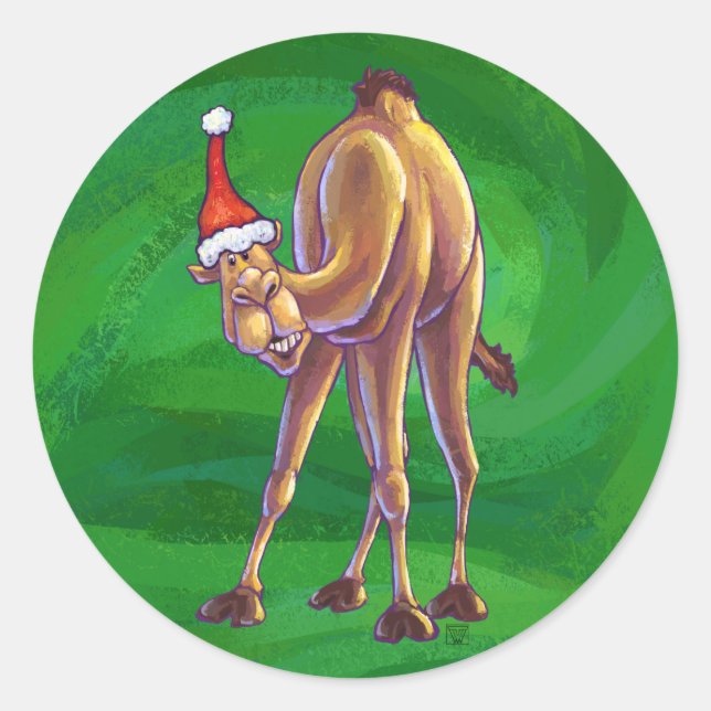 Camel Christmas On Green Classic Round Sticker (Front)