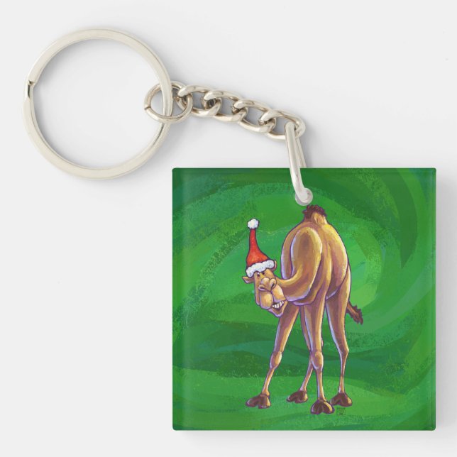 Camel Christmas On Green Keychain (Front)