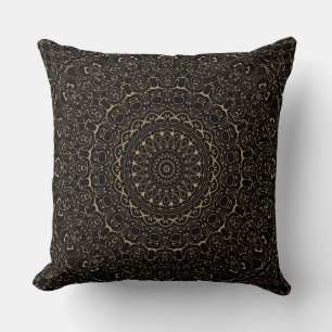 Camel on Black Mandala Kaleidoscope Medallion Throw Pillow