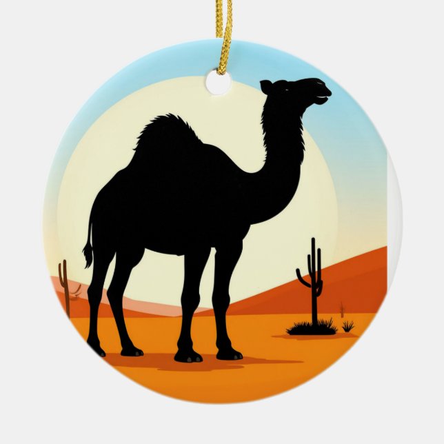 Camel Silhouette in Desert Sunset Landscape Ceramic Ornament (Front)