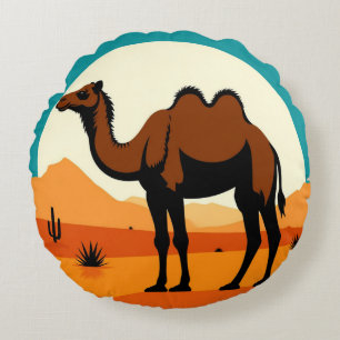 Camel Silhouette in Desert Sunset Landscape Round Pillow