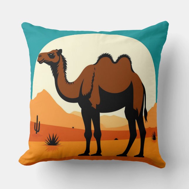 Camel Silhouette in Desert Sunset Landscape Throw Pillow (Front)