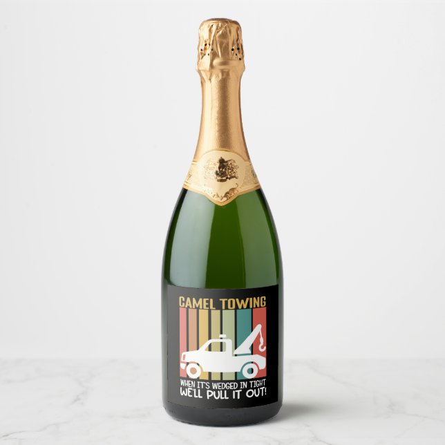 Camel Towing Retro Adult Humour Saying Halloween Sparkling Wine Label (Front)
