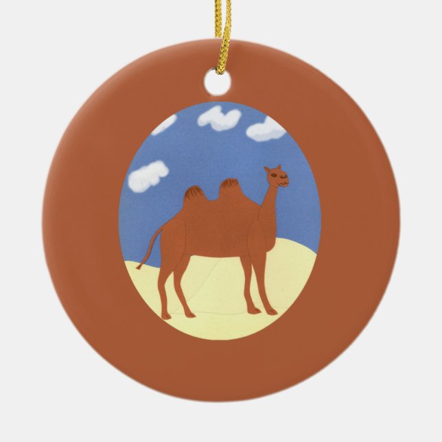 Camel Whimsical on Desert Dunes Ceramic Ornament (Front)