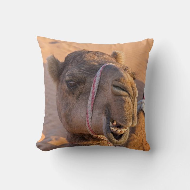 Camel with a funny facial expression - Oman Throw Pillow (Front)