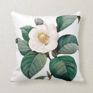 Camelia double vintage flower Redoute Throw Pillow