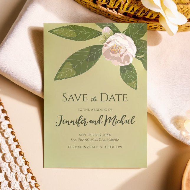Camellia and Greenery Simple Elegant Save the Date Invitation (Camellia and Greenery Simple Elegant Save the Date Invitation)