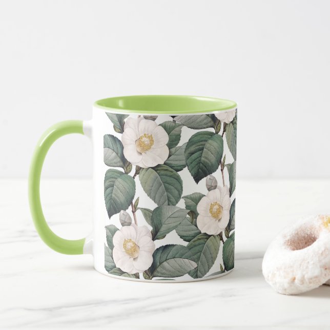 Camellia Florals On White Mug (With Donut)