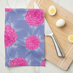 Camellia flowers and leaves ink sketch pink blue kitchen towel