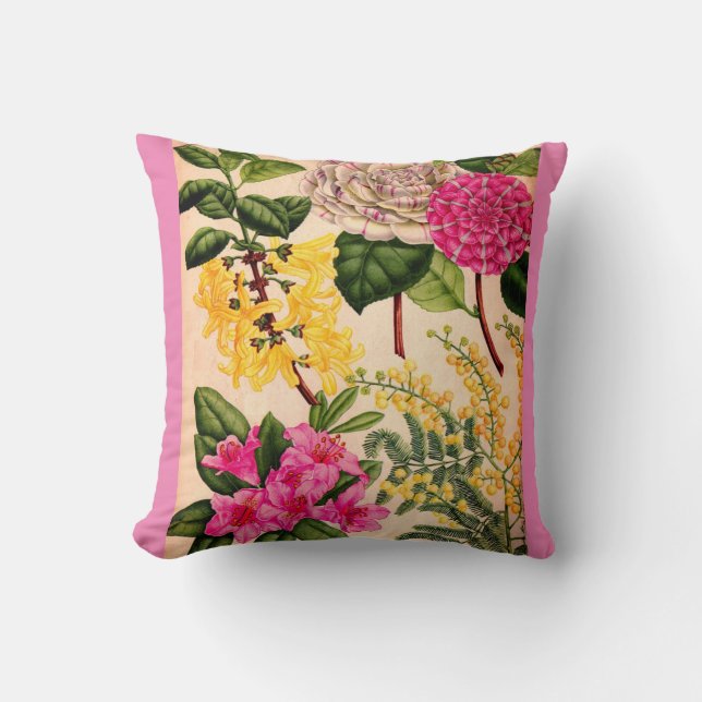 camellia, forsythia, rhododendron and acacia throw pillow (Front)