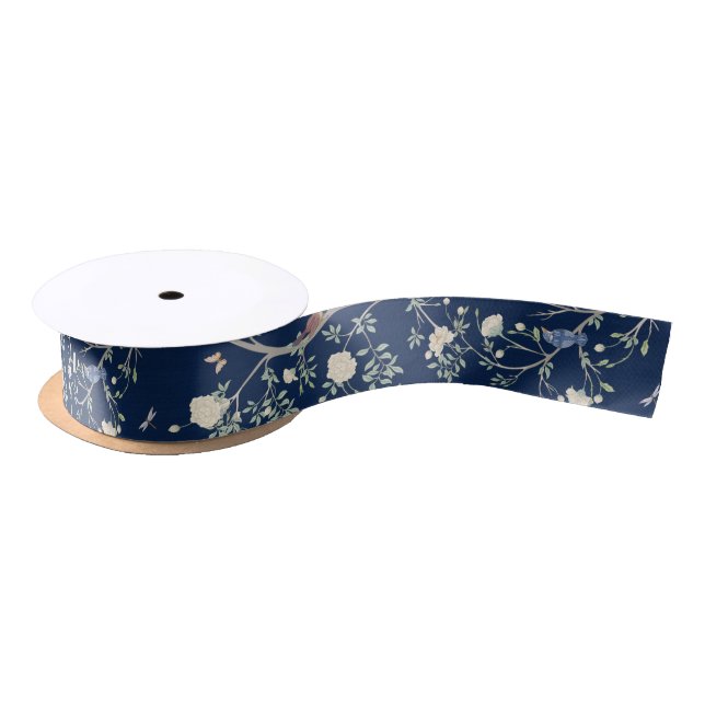 Camellia Garden Navy Blue Chinoiserie  Satin Ribbon (Spool)